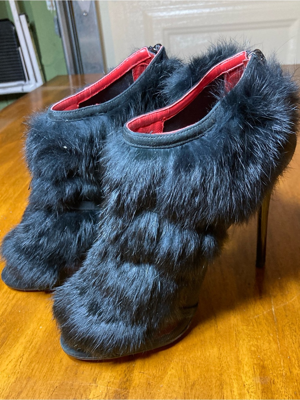 Charles Jourdan Paris black Fur High Heel Ankle Booties Mesh Stiletto 4” sz 6